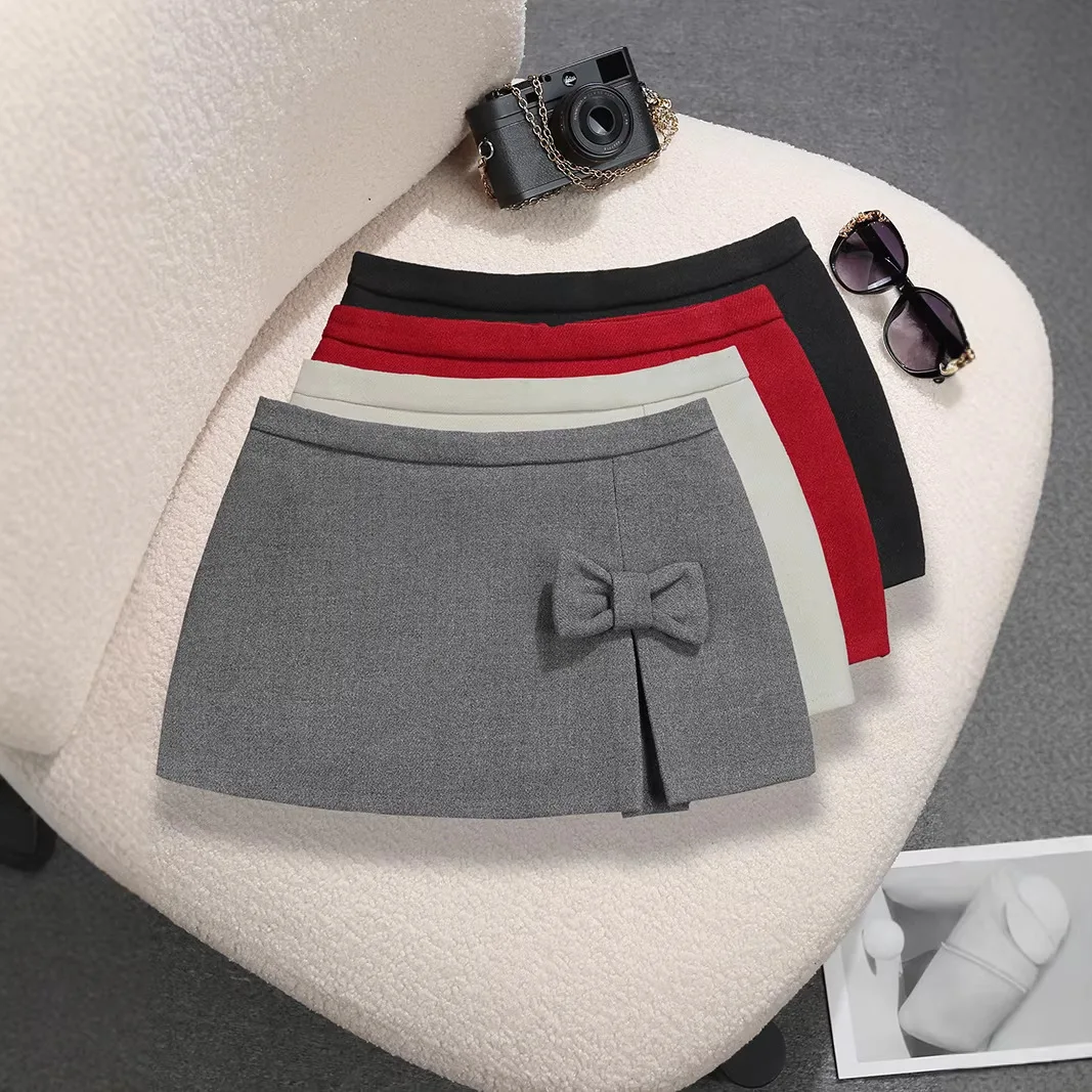 

Red Bow Woolen Short Skirt Fashion Women's Low Waist Sweet Split A-shaped Skirt