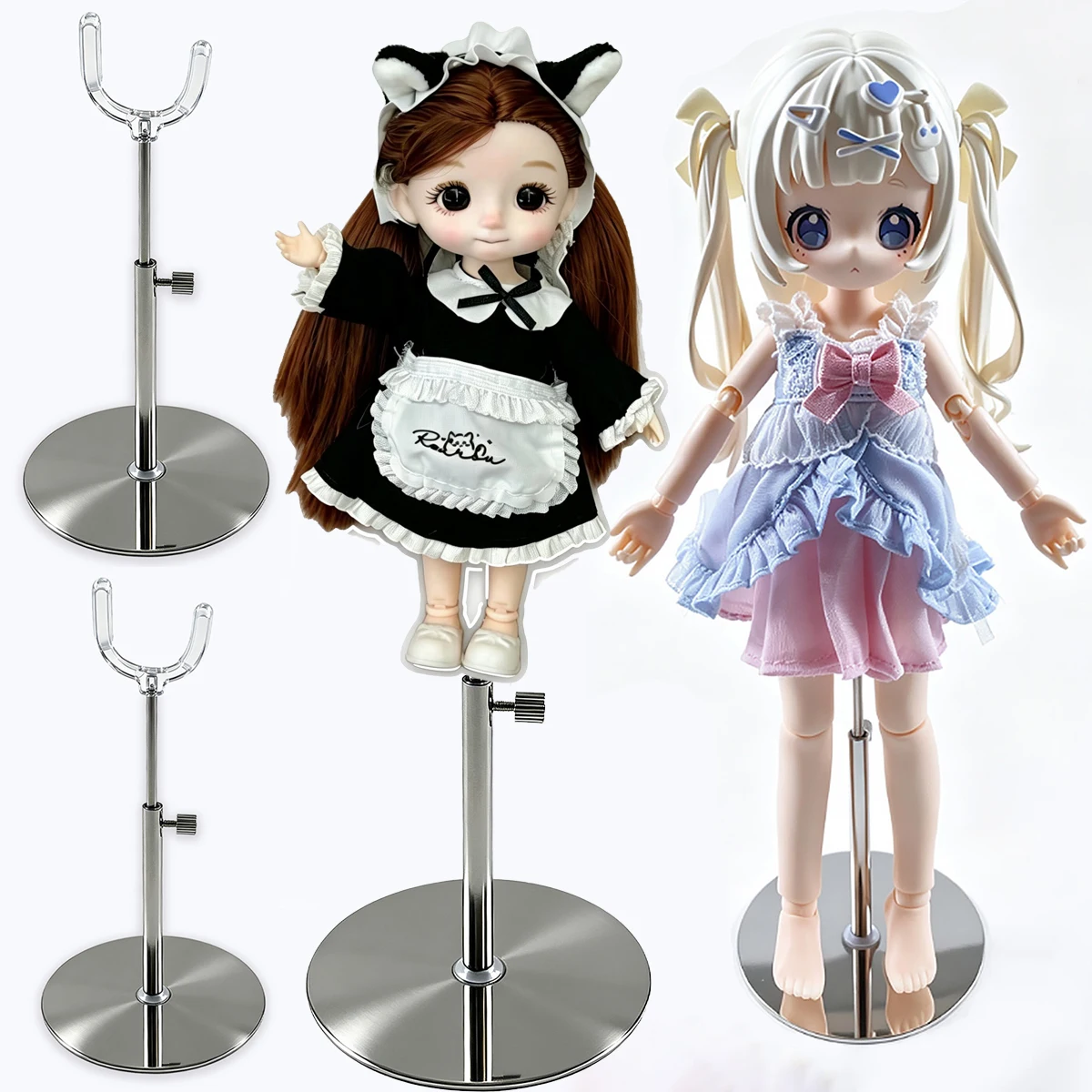 1/6 1/8 1/12 BJD Doll Display Stand Stainless Steel Mirror Base Height-Adjustable Support Bracket BJD Doll Model Standing Stand