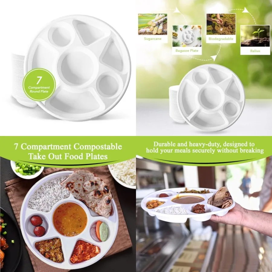 

7 COMPARTMENT BAGASSE ROUND PLATE, Ct. Heavy-Duty- Super Strong- Natural- Eco-Friendly Disposable Bagasse Plates, % Biodegradab