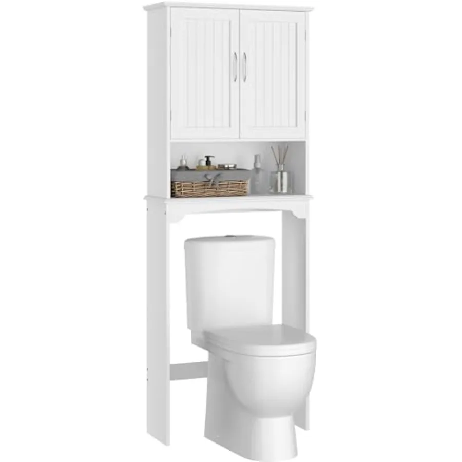 

Over The Toilet Cabinet Double Door Bathroom Storage Organizer White MDF with Adjustable Inner Shelf and Open Storage Shelf