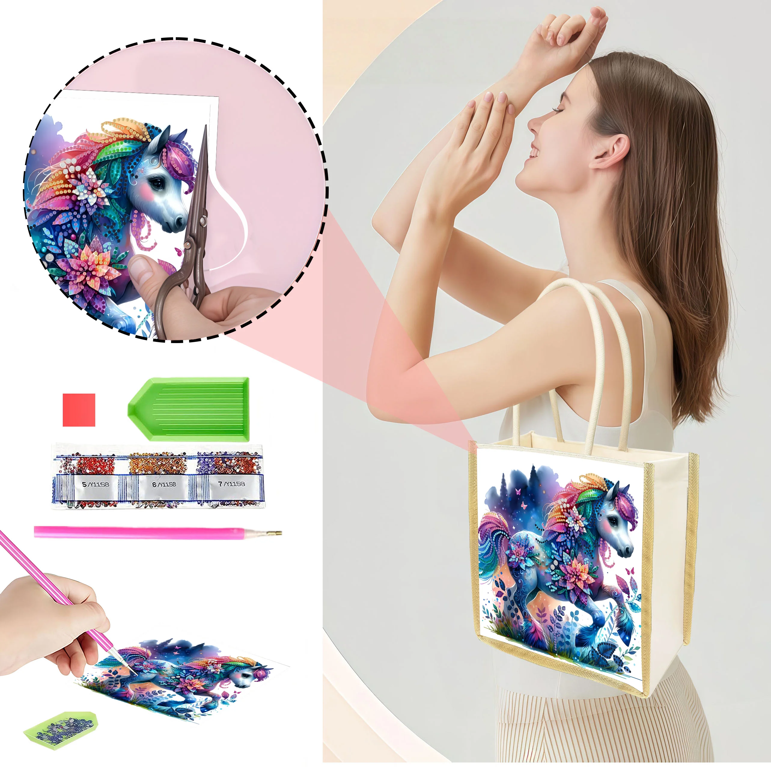 One DIY diamond mosaic unicorn-pattern shopping bag, highly durable and long-lasting, with good value for money for daily use.