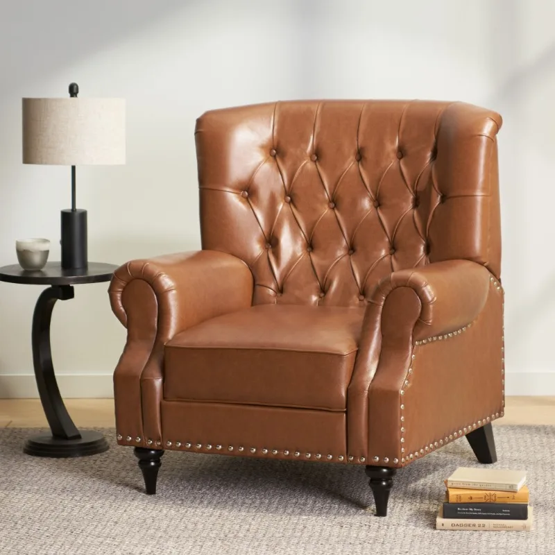 

Brown Leather Tufted Wingback Accent Chair with Nailhead Trim Classic Living Room Single Sofa Chair Comfortable Lounge Furniture