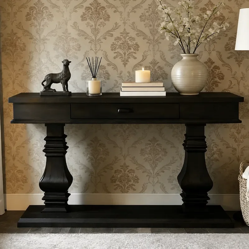 Retro Solid Wood Entrance Table Black Classical Column Design Living Room Decoration Light Luxury End View Console Table