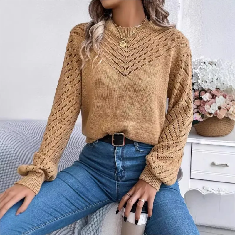 Autumn Casual Loose Solid Color Long Sleeved Sweater With Round Neck And Hollowed Out Lantern Sleeves Pullover Sweater For Women