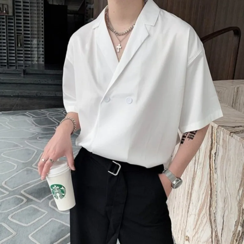 

Men's Summer Ins Style Suit Collar Short Sleeve Shirt Set Korean Trend Solid Color High Grade Drape Top Office Wear