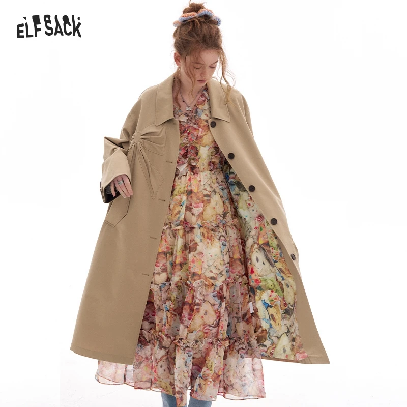 ELFSACK 2025 Spring New Arrivals Bowknot Khaki Trench Coat Women Fashion Korean Elegant Outerwear Woman Lapel Mid-length Coat Fe