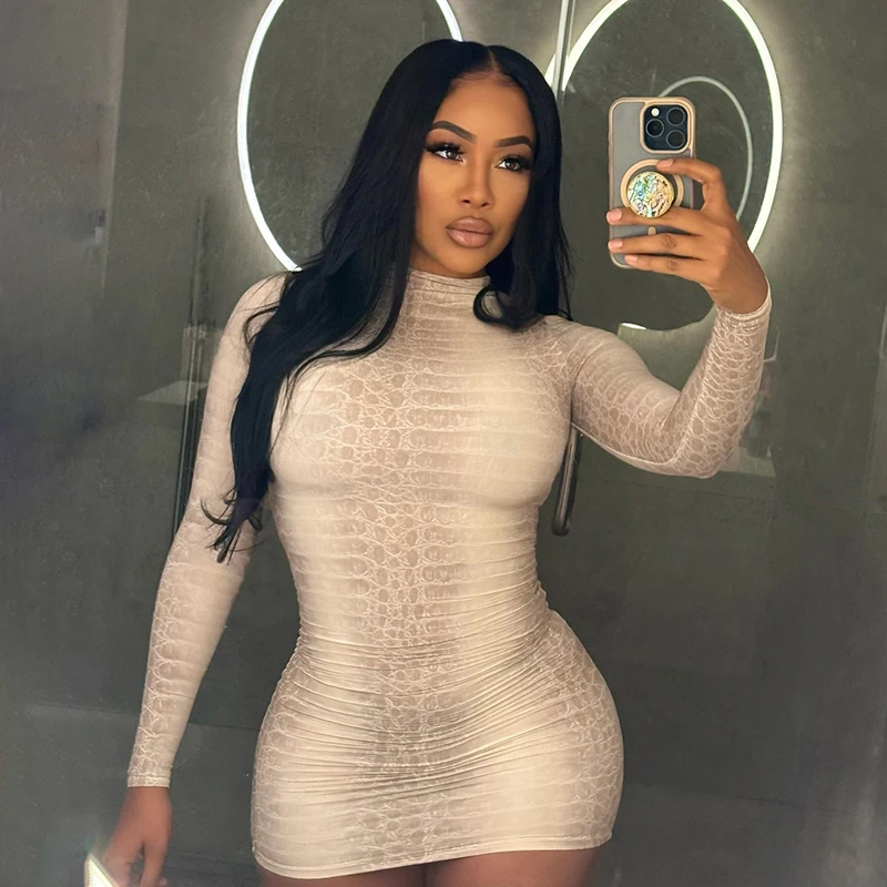 CUTENOVA 秋の新作ホットティーガール長袖フィットスネークプリントスタンドカラーボディコンミニドレスエレガントでスタイリッシュなストリートウェア