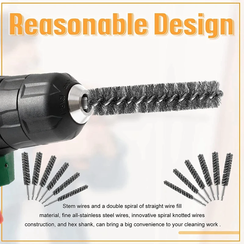 Stainless Steel Bore Brush Stainless Steel Bristles Wire Brush For Power Drill With Hex Shank Handle 12 Pcs