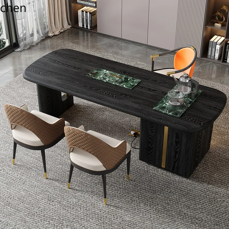 HT Large Tea Table and Chair Set Kung Fu Tea Brewing Table Luxury Stone Tea Tray Modern Minimalist Style