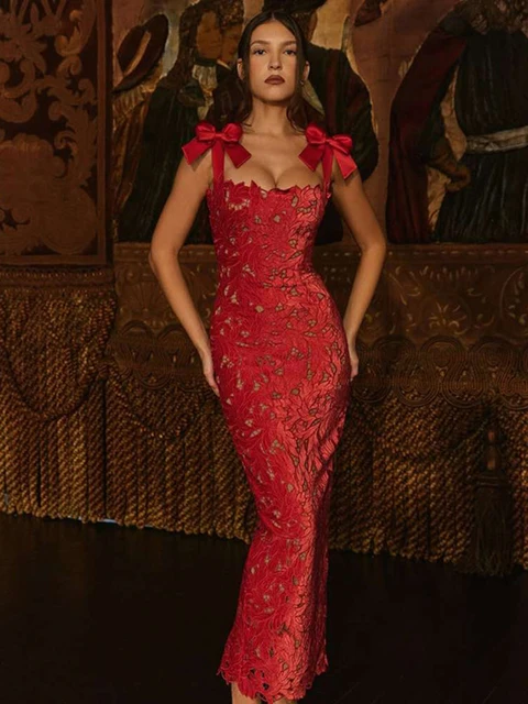 Mozision kokardki koronkowa seksowna sukienka Maxi dla kobiet moda bez rękawów Bodycon z odkrytymi plecami noworoczna klubowa impreza urodzinowa długa sukienka