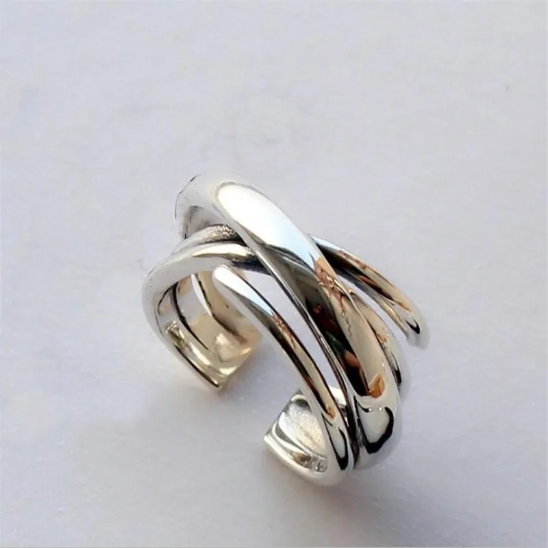 New Fashion Hipster Multi-layer Irregular 925 Sterling Silver Jewelry Simple Smooth Winding Personality Opening Rings R099