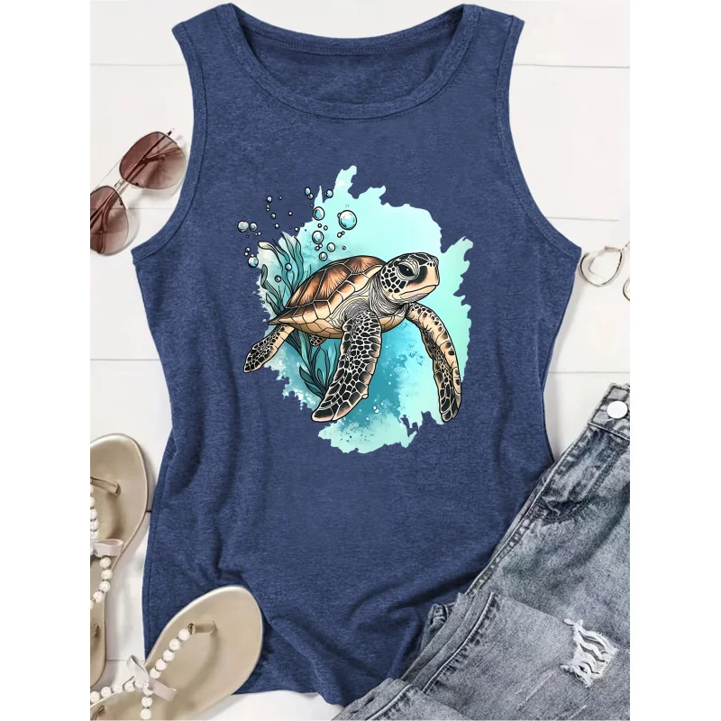

Women's Retro Sea Graphic Sleeveless Top - Vibrant Coral Reef Print, Breathable Round Neck Summer