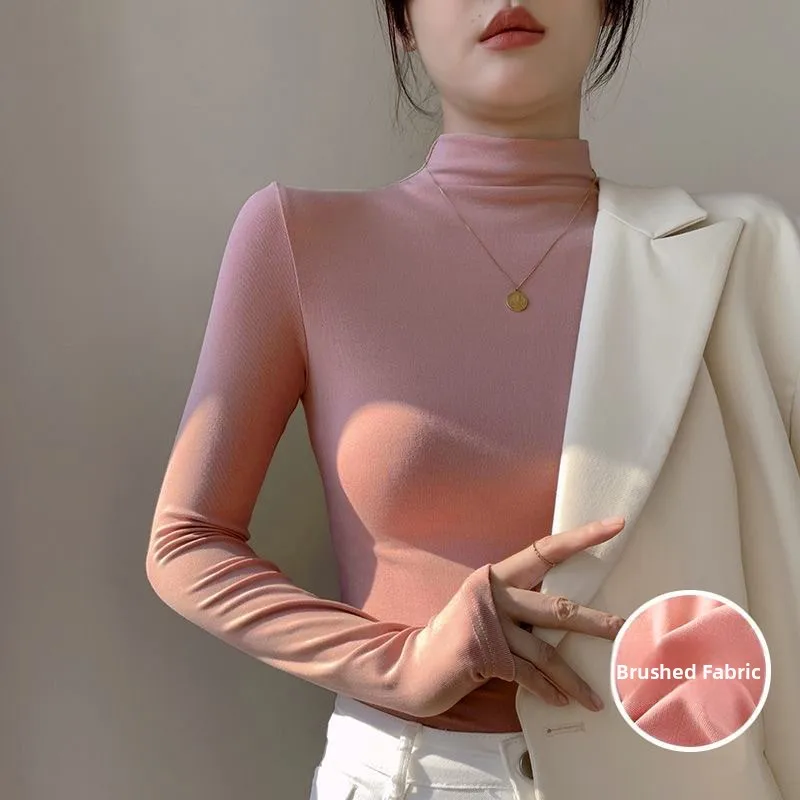 Black Double-Faced Velvet Thick Long Sleeve Base Shirt Women's Fashion Korean Style Half High Collar T-Shirt for Autumn Winter