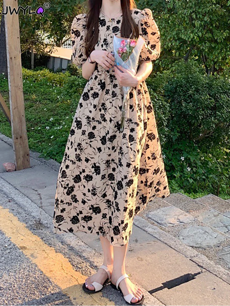 

Floral Puff Sleeve O-neck Dresses Vintage A-line Long Loose Elegant Midi Dress Korean Fashion High Waist Chiffon Dress Y2k Dress