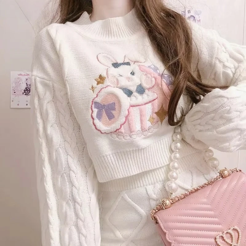 Autumn Winter Japanese Sweet Lolita Style Skirt Sets Girls Cute Rabbit Embroidery Kintted Sweater Mini Skirts Women 2 Piece Set