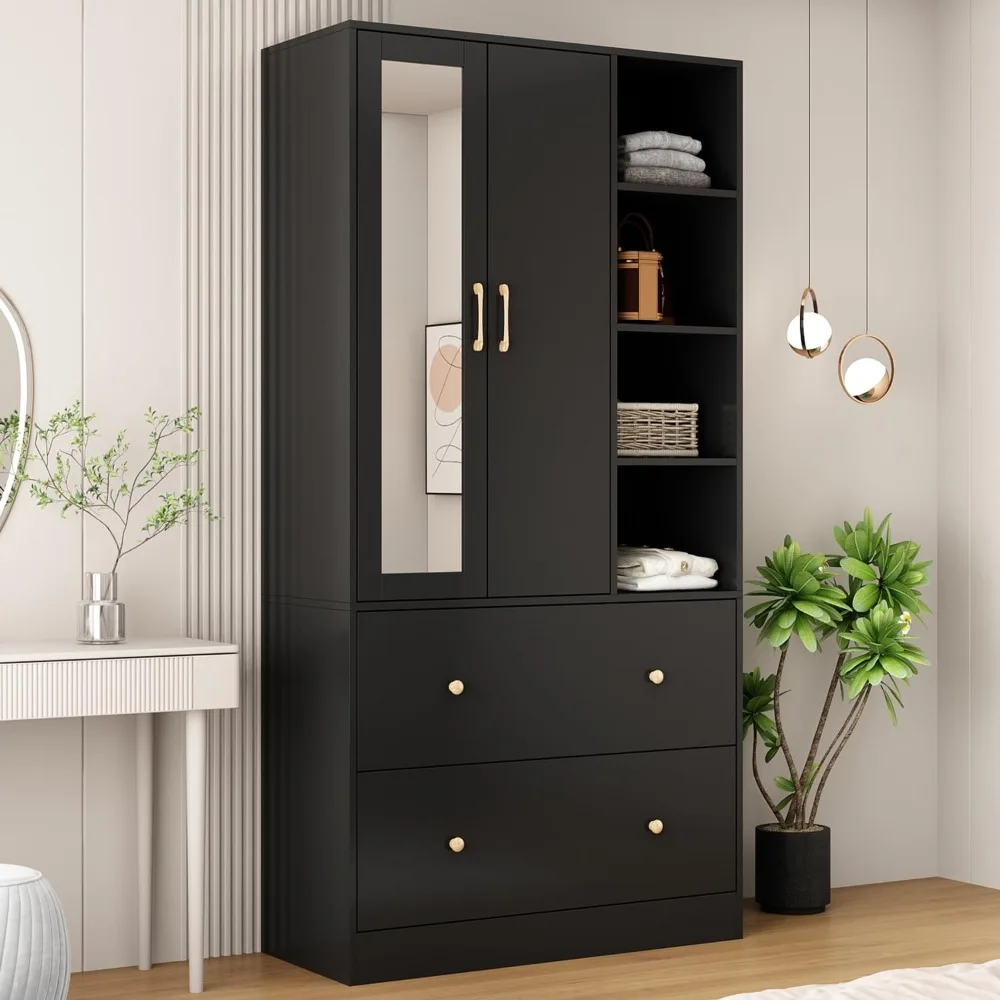 

Wardrobe Armoire Closet, with Mirror, 2 Door Wardrobe Cabinet with 2 Drawers & Extendable Hanging Rod, Bedroom Armoire Cabinet