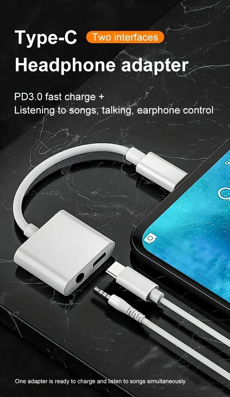 2in1 Audio Adapter USB C to USB C PD10w+USB C, USB C +3.5mm, One Interface into Two Interface Adapter, Suitable for Samsung, Hua