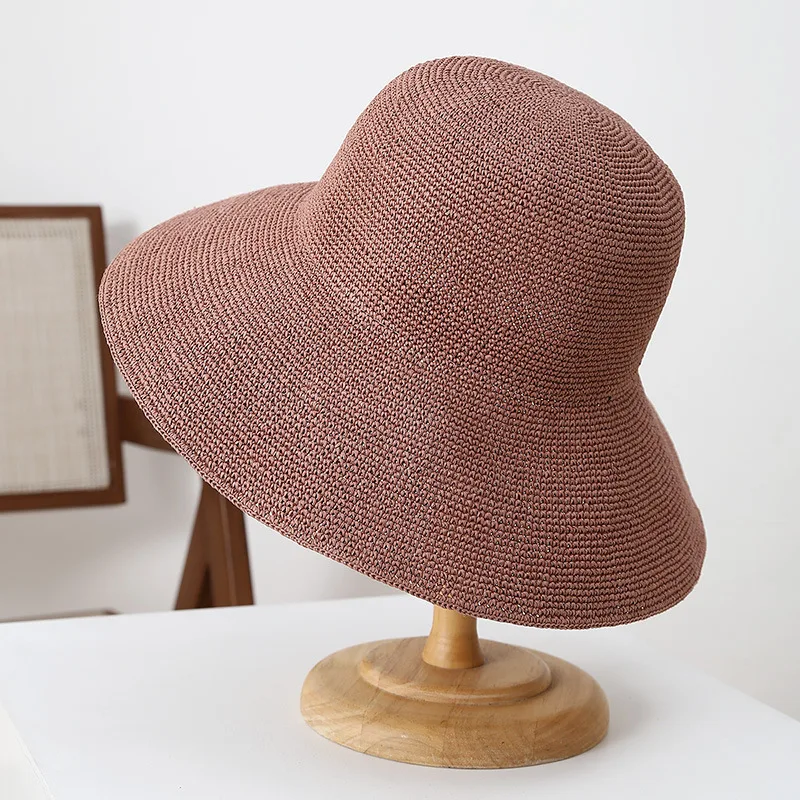 قبعة شمس جديدة من القش الورقي لعام 2025 للسيدات بحافة واسعة للحماية من أشعة الشمس على الشاطئ قبعة نسائية مرنة بحافة واسعة للشاطئ