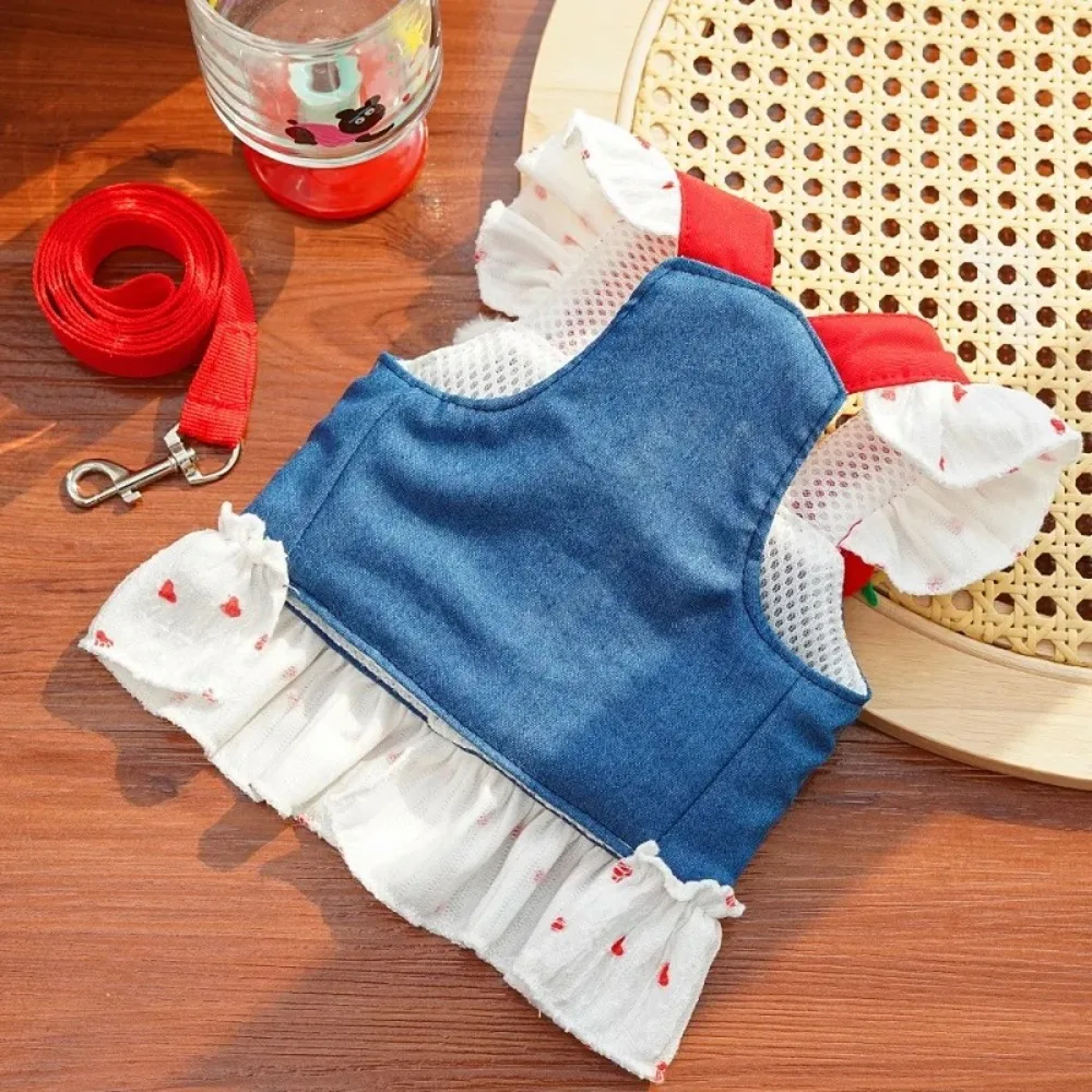 

Cute Dog Harness Dress Heart Print Pink Strawberry Denim Puppy Princess Skirt Comfortable with Leash Pet Dress Spring Summer