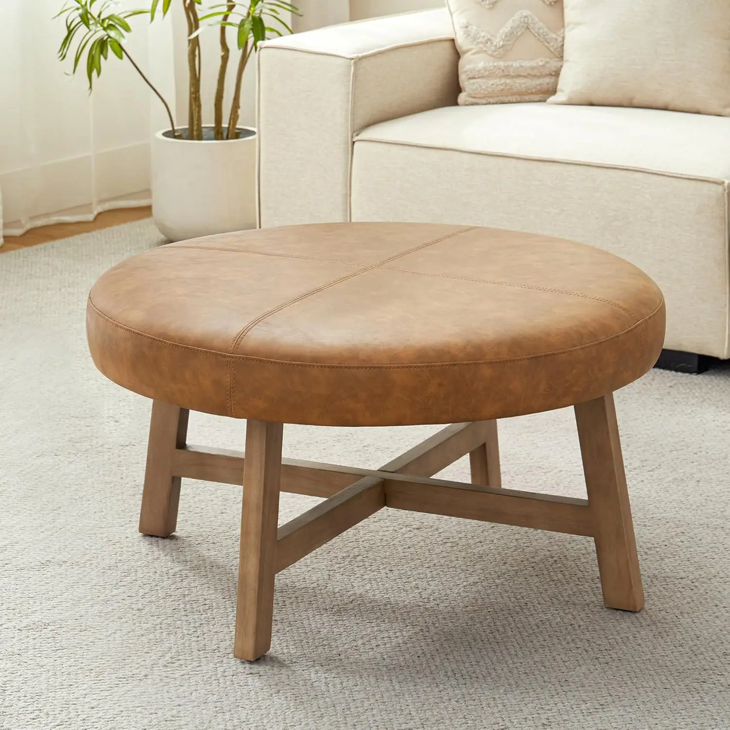 

33 Inch Brown Mid-Century Modern Round Coffee Table - Upholstered Leather Ottoman, Easy to Assemble for Living Room
