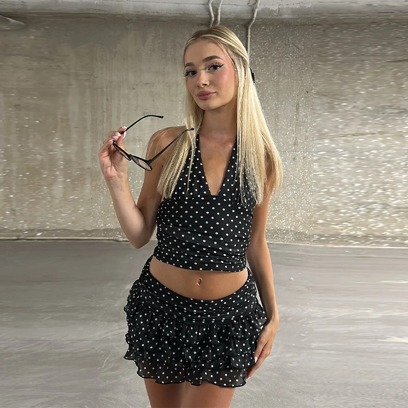 

Vintage Casual Polka Dot V-neck Halter Vest Set Women Chic High Waist Ruffle Hem Mini Skirt Suit 2026 NEW Summer Holiday Outfit