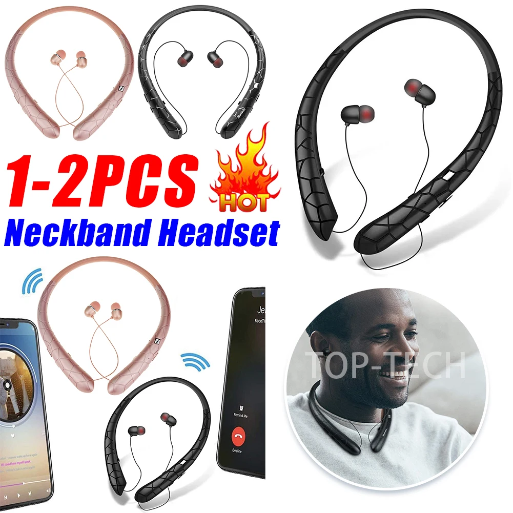 

Neckband Headset Bluetooth 5.0 Waterproof Workout Headphones Noise Canceling Retractable Earbuds with Mic for iPhone/Samsung