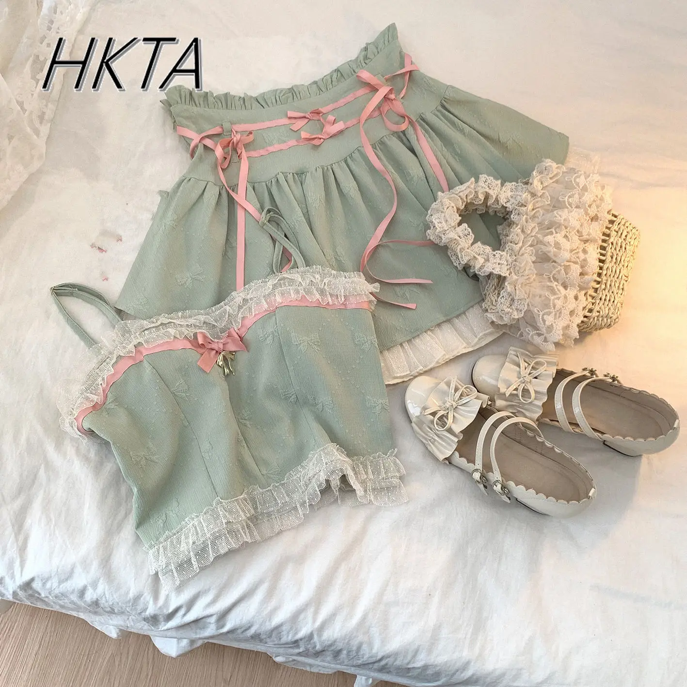 甘いピンクサスペンダーベストスカート 2 枚セット女性甘いかわいいレースの弓プリンセスショートトップかわいいプリーツスカートロリータ少女