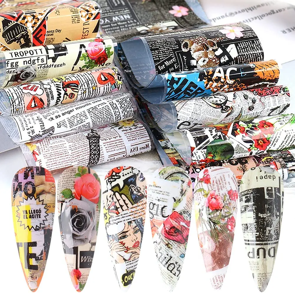 

Vintage Newspaper Nail Foil Stickers - 10PCS Holographic Decals