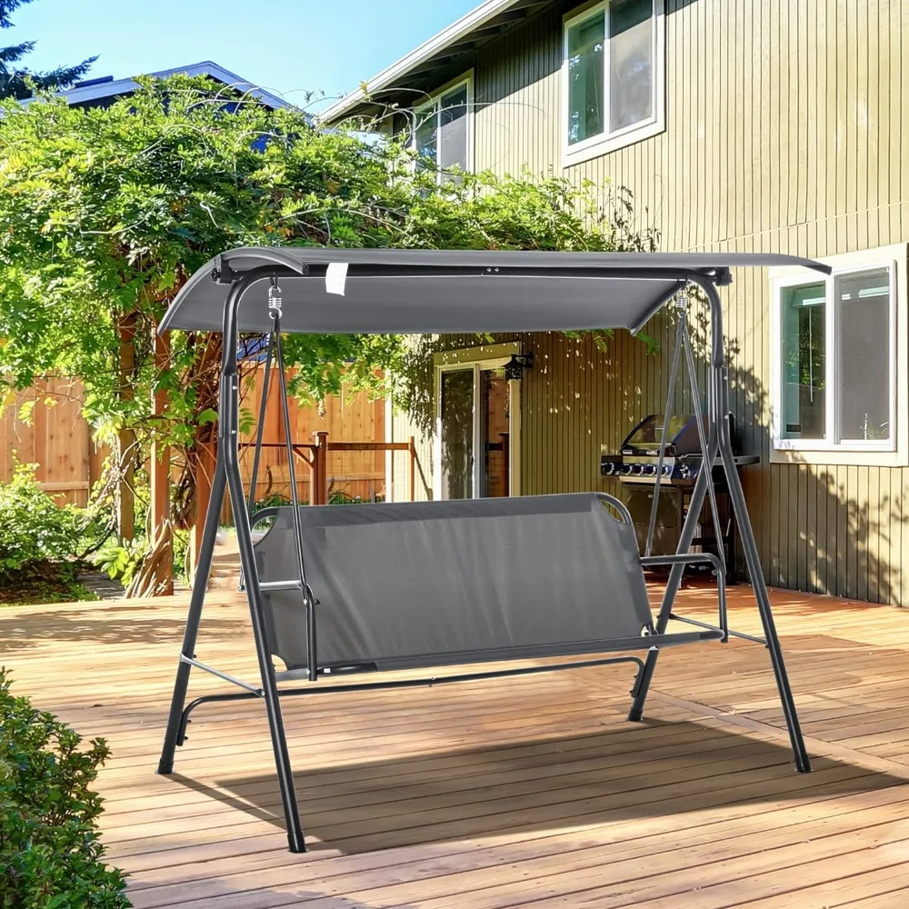 

3-person porch swing with adjustable sloping roof and comfortable swing bench seats, gray, free shipping