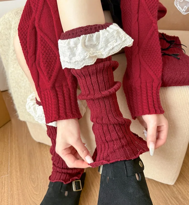 Scaldamuscoli in pizzo Lolita Calzino da donna con volant rosso bordeaux JK Coprigambe lavorato a maglia Scaldamuscoli Polsini per stivali di Natale Capodanno
