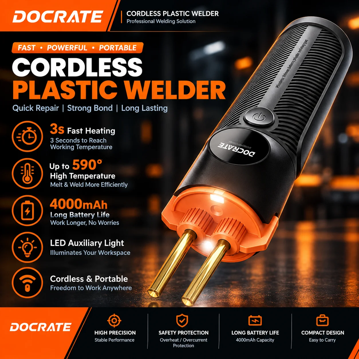 Docreate Wireless Plastic Welder Gun-831, 4000mAh Lithium Battery, 3s Fast Heating, Adjustable Temperature For Plastic Welding