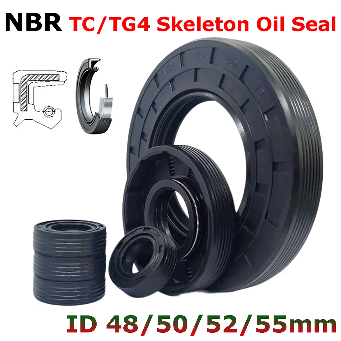 NBR TC/FB/TG4 Oil Seal ID 48mm 50mm 52mm 55mm Nitrile Rubber with Metal Skeleton Shaft Double Lip Sealing Gaskets Ring