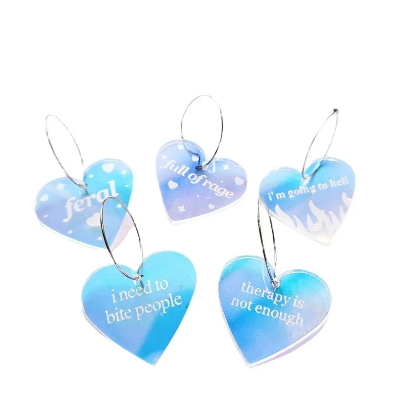 Trendy Laser Cut Acrylic Heart Earrings For Women Personality Color Changing Carving Letter Bite Hell Rage Drop Dangle Earring