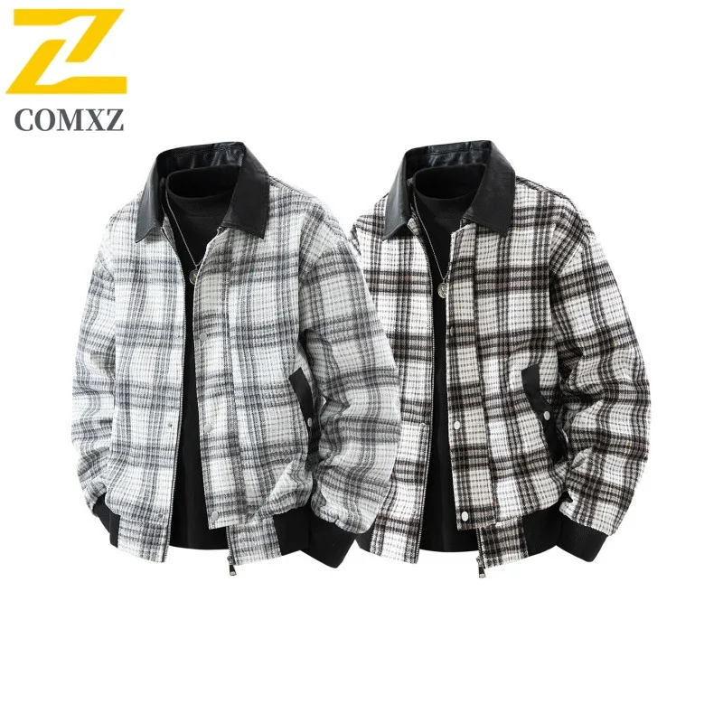 

COMXZ Men Jacket Grid Design Autumn Turndown Collar Running Travel Windbreaker Camping Loose Lightweight Classic Mens Clothing