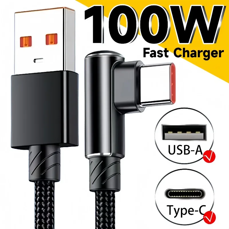 

Угловое быстрое зарядное устройство с 90 градусов, плетеный кабель для передачи данных USB C, 100 Вт для Samsung IPhone 17 16 Poco Oneplus Ipad TypeC, линия быстрой зарядки