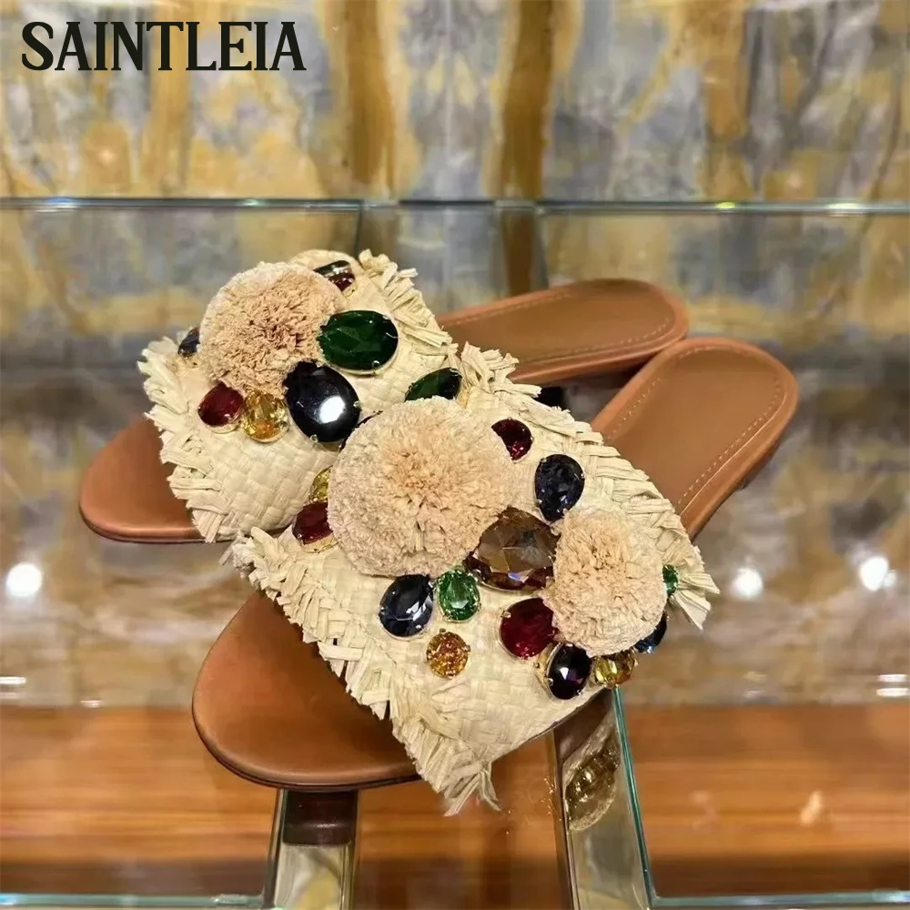 

Gemstone Raffia Flats Slippers Multicolor Crystal Embellishment Summer Shoes Almond-Toe Beige Raffia Hairball Women Flat Sandals