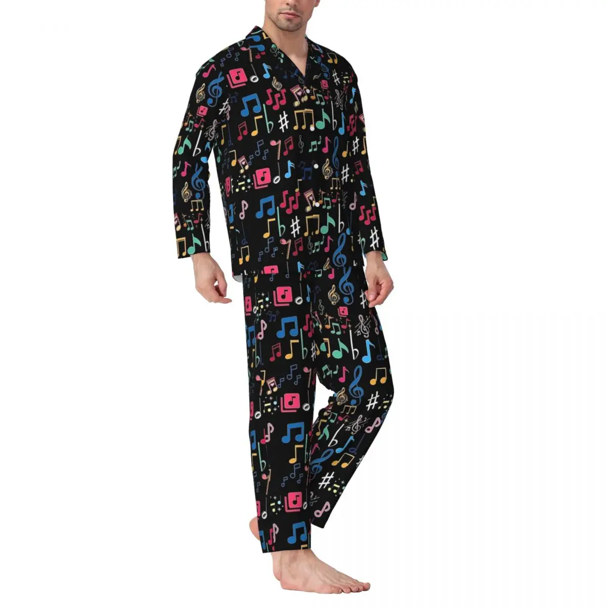 Pajamas Men Colorful Music Note Print Bedroom Sleepwear 2 Pieces Retro Pajama Set Long Sleeves Soft Oversized Home Suit