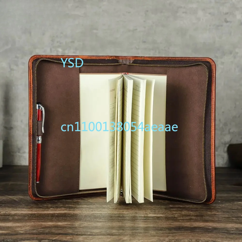 

Retro genuine leather A5 notebook protective cover with pen slot, wrist zipper, for notebooks.
