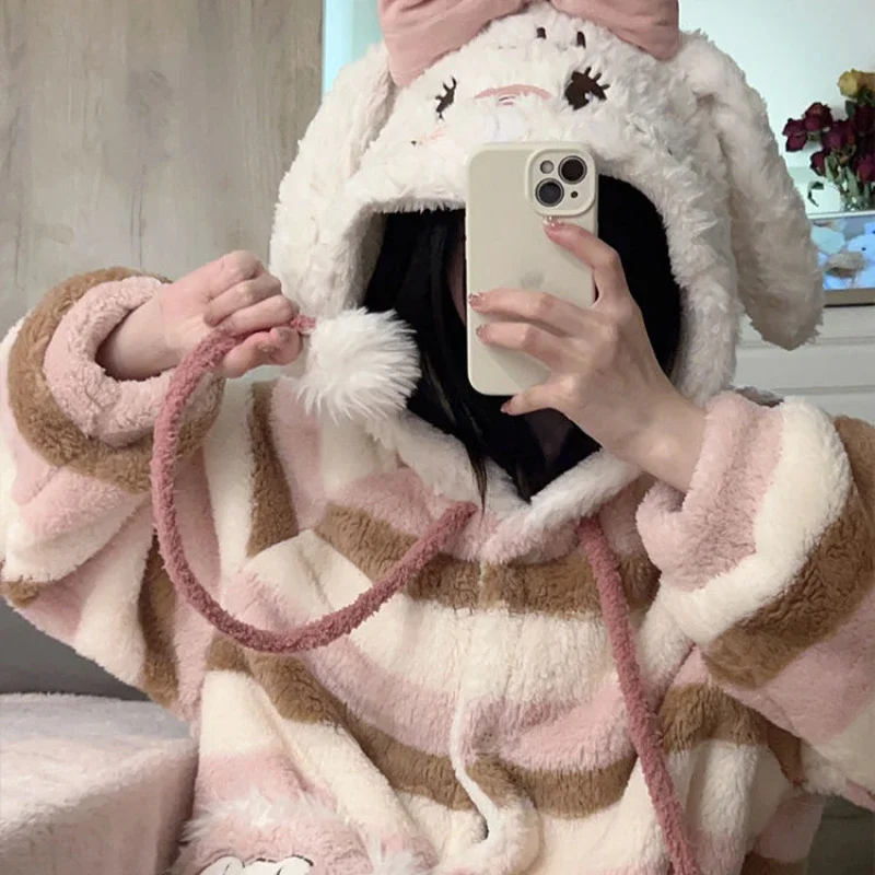 Girls Cute Cartoon Coral Velvet Hooded Long Robe Nightgown Female Winter Thickened Warm Plush Kawaii Home Sleepwear Bathrobe New