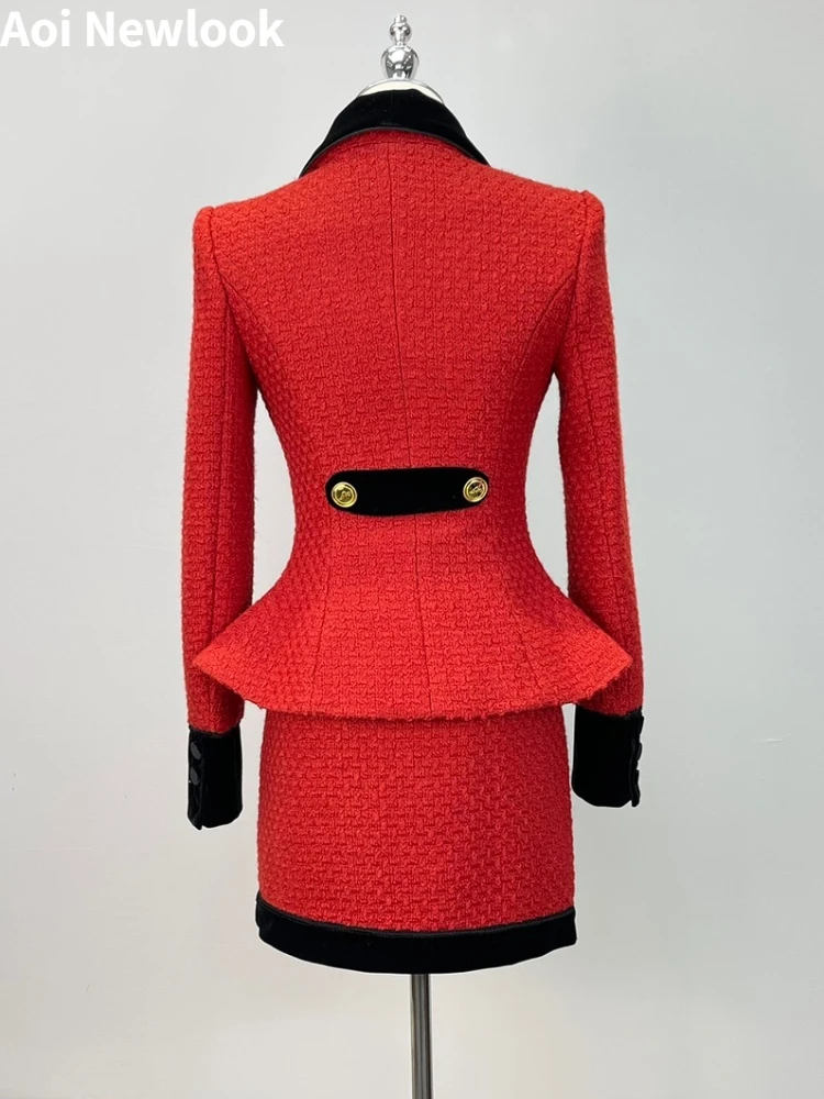 Imagem -06 - Terno de lã Vermelho Vintage Feminino Costura de Veludo Cabolsa de Tweed Saia e Top Slim Fit Roupa de Natal de Duas Peças Alta Qualidade Nova para Outono