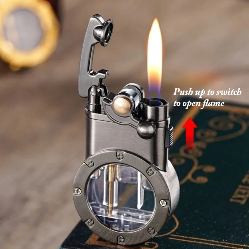 Metal Dual Fire Arm Lighter Outdoor Windproof Transparent Window Inflatable Dual Fire Conversion Portable Lighter Men's Gift New
