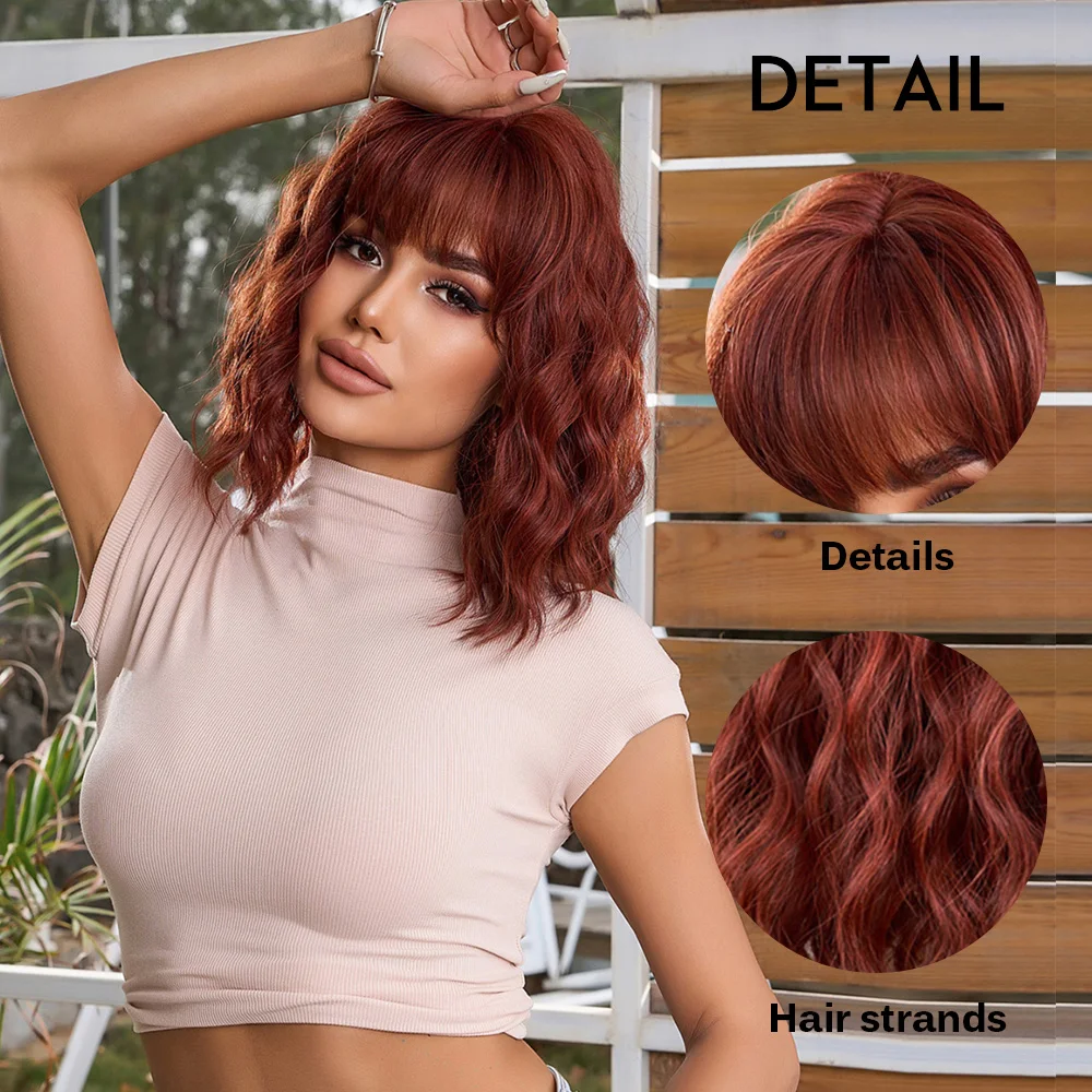 oneNonly Short Bob Synthetic Wig Red Wig with Bangs Natural Wigs for Women Short Wavy Daily Party Heat Resistant Hair