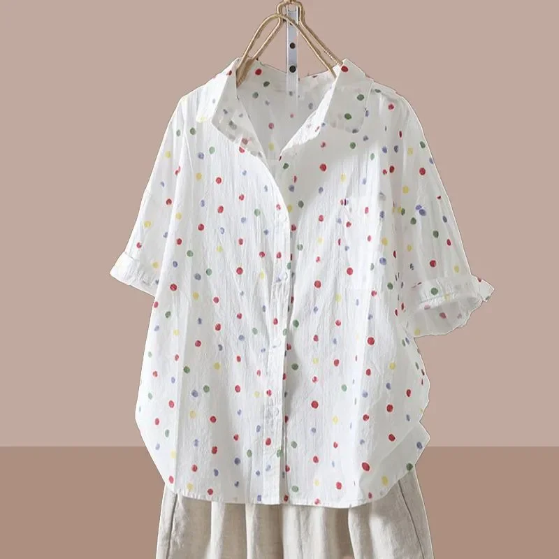 

Summer New All Match Color Polka Dot Collar Shirt Short Sleeved Women's Loose Casual Versatile Fashion Chic Turn-down Collar Top