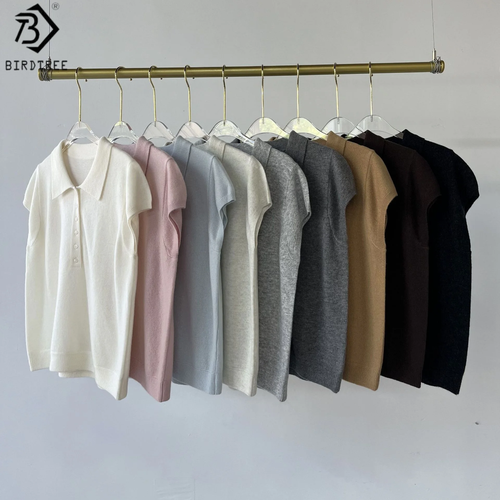 

Birdtree 100% Sheep Wool Polo Neck Blouse,Women Short Sleeve Solid Shirt,2025 Autumn Button Pullover,Commute Style Tops T59714JF
