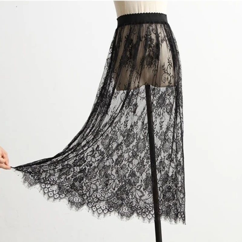 Transparent Sexy Lace Mesh Skirt Elastic High Waist Black White Tulle Mini Skirts Womens Skirt Korean Fashion Women's Skirt 2025