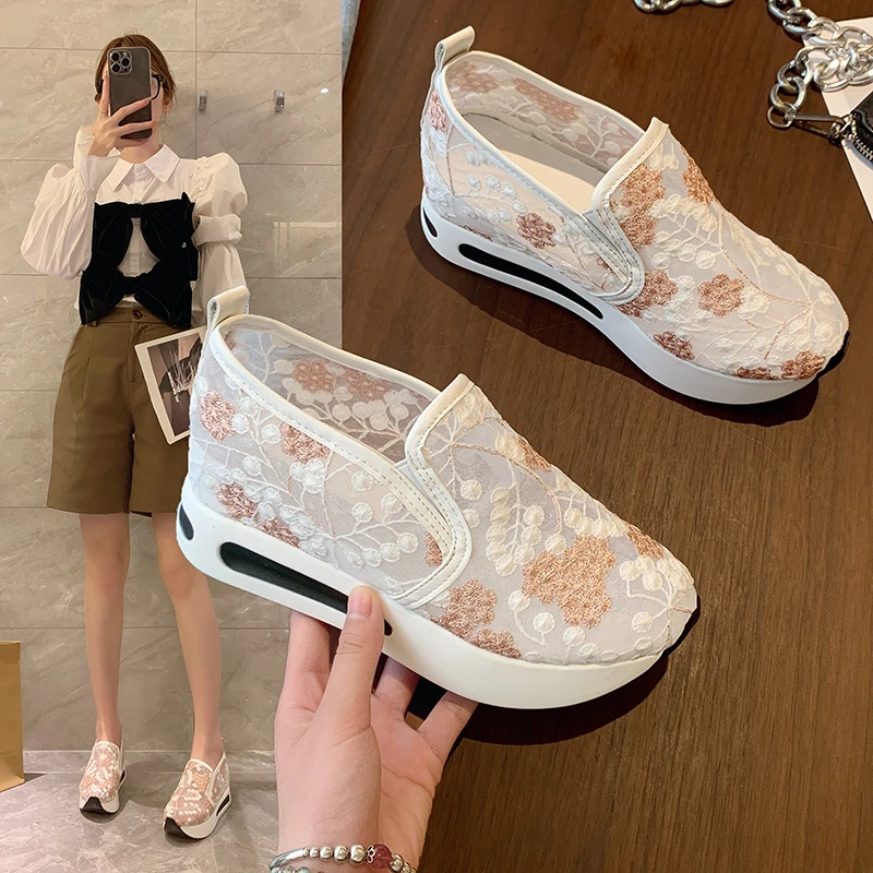 Female Wedge Shoes Sequin Mesh Breathable Shoes Women White Gold Platform Sneakers Women Height Increasing Wedges Shoes Casual