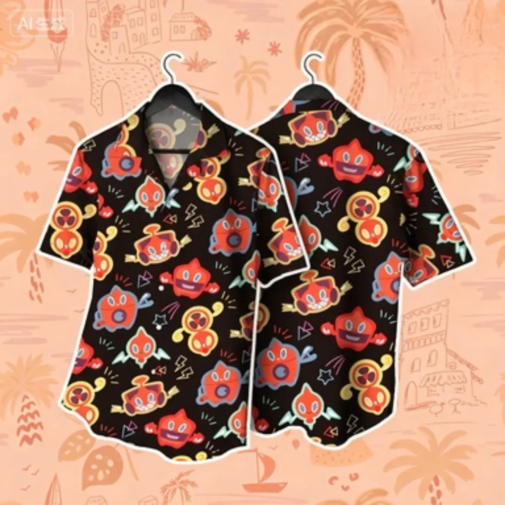 Cute and Fashionable Lightning Star Printed Short Sleeved Shirt, Japanese Loose Beach Couple Casual Shirt
