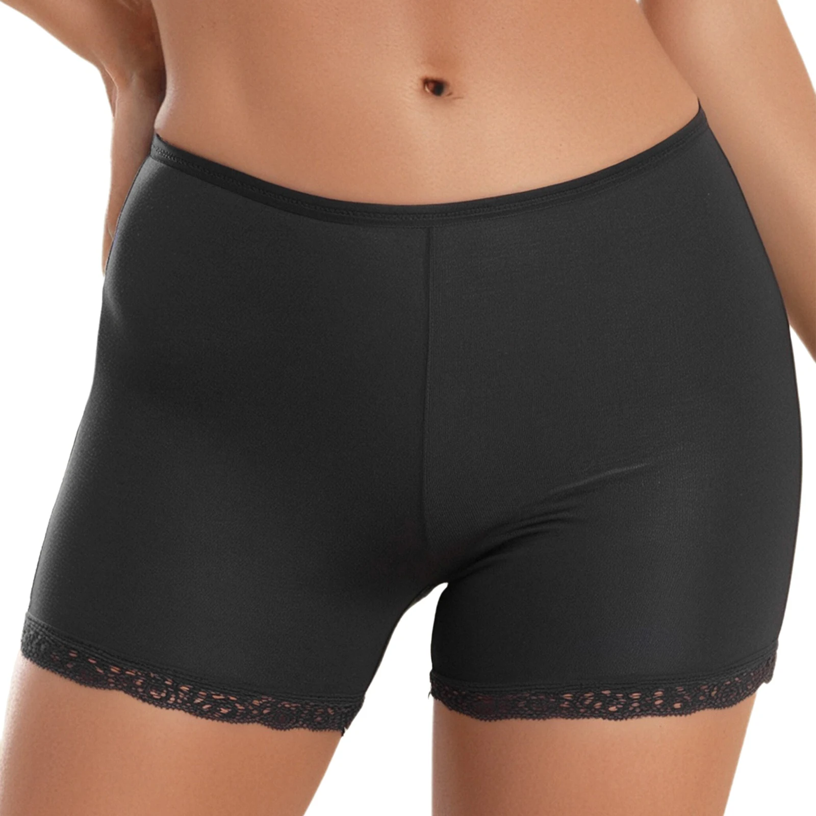 Pantaloncini di sicurezza senza cuciture da donna in tinta unita, intimo casual, elastico in vita, boxer con finiture in pizzo floreale per pantaloni da sottoveste