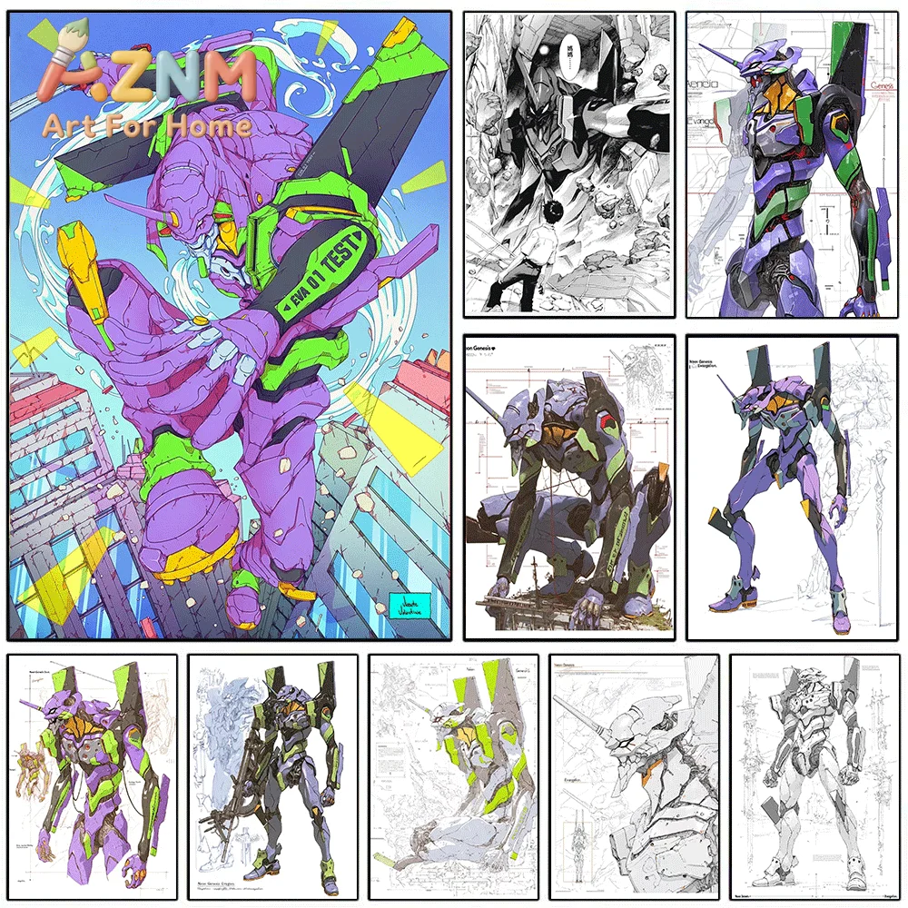 Neon Genesis Evangelion Anime Canvas Wall Art, EVA Unit 01 Mecha Action Sketch Art Print, Unframed Canvas Painting for Bedroom