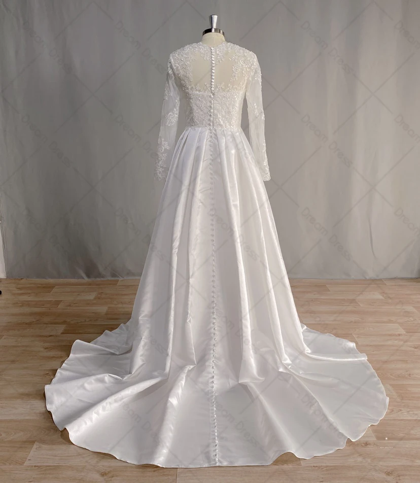 Robe de mariée trapèze en satin vintage, robe de rêve éducative, manches longues, 2023 poches, patients, quelle que soit la dentelle appliquée, Arabie saoudite